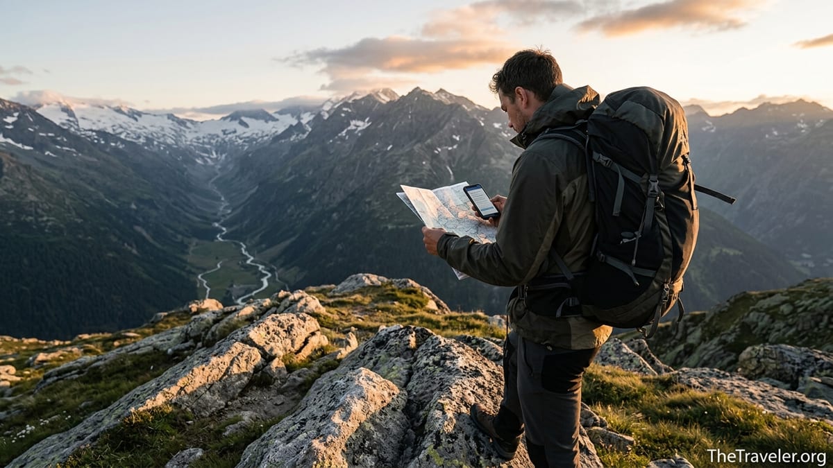 Backpacker on a mountain ridge at sunset checking phone and map above a deep alpine valley.