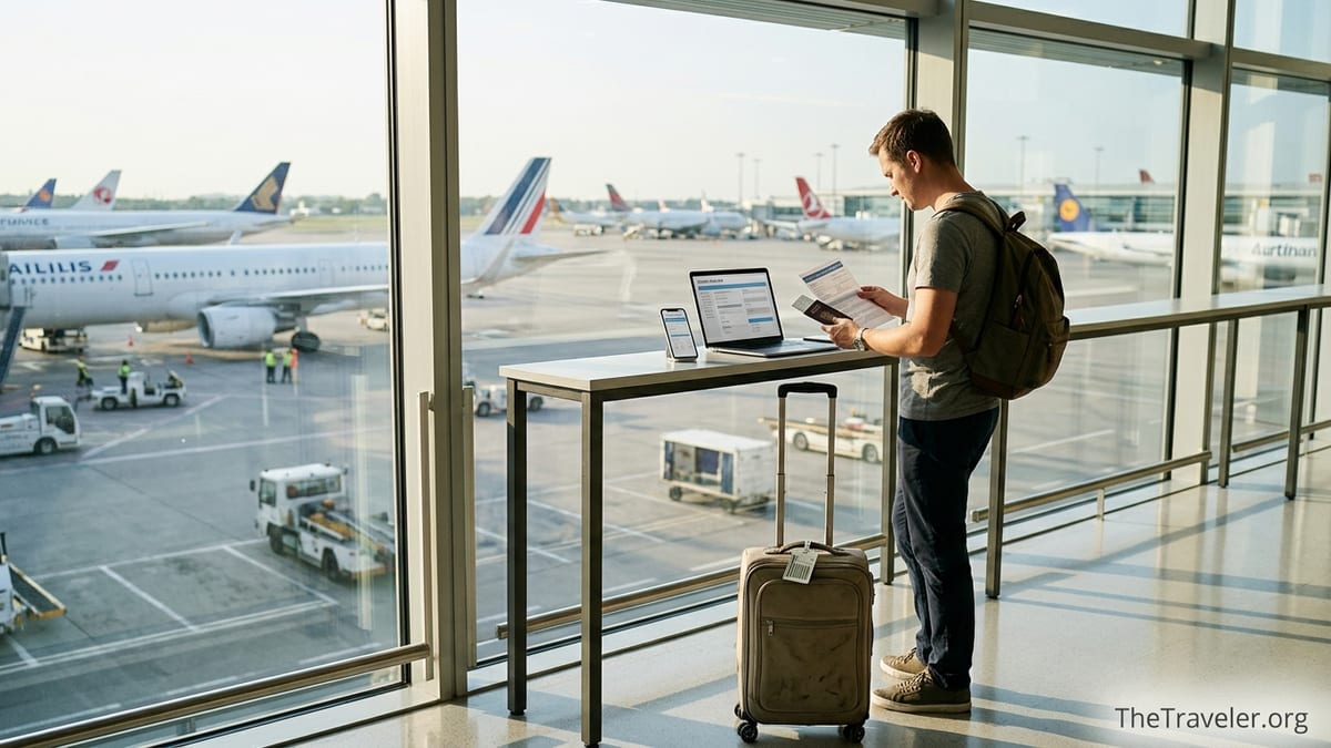 Traveler reviewing travel insurance documents by an airport window before an international flight.