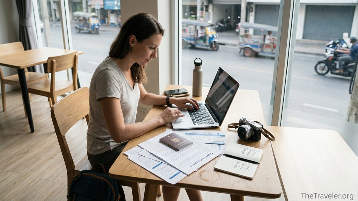 Traveler reviewing World Nomads travel insurance documents on a laptop in a hostel common room.