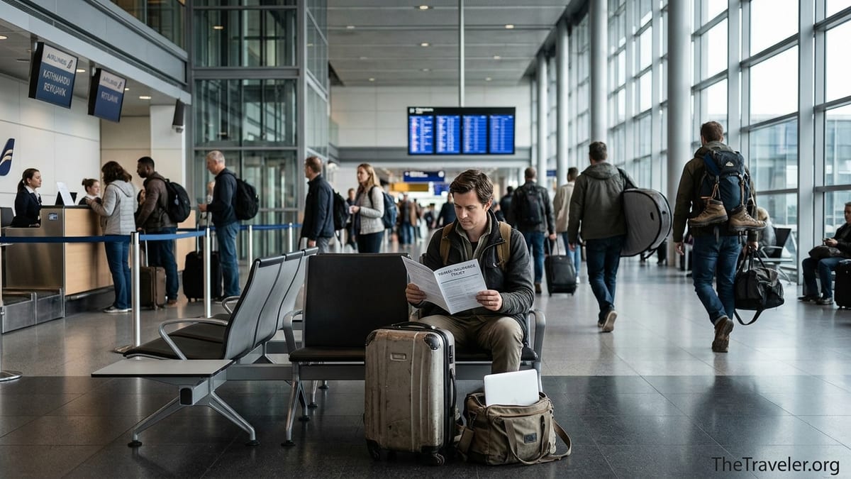 Traveler reading a printed insurance policy at an airport with luggage nearby.