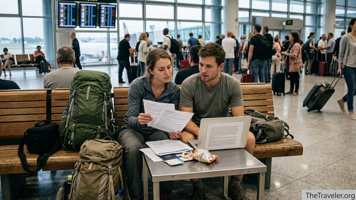 Travelers in an airport reviewing confusing insurance paperwork beside their backpacks.