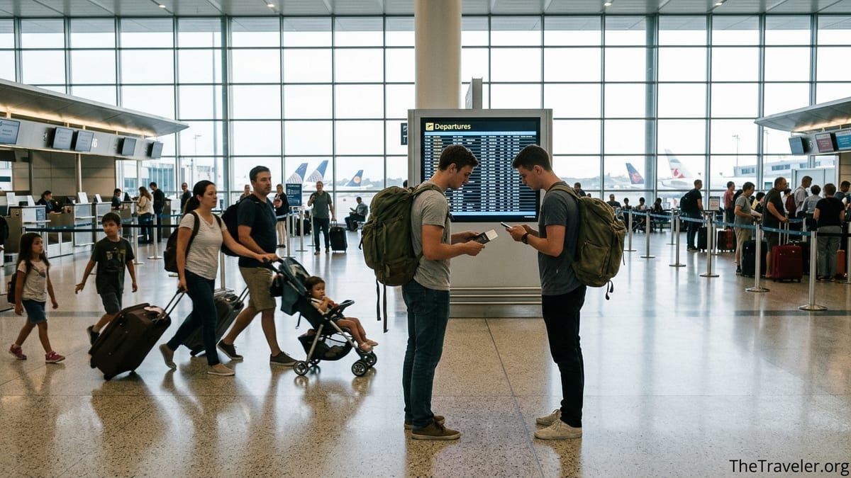 Travelers with backpacks and suitcases in a bright airport terminal departure area.