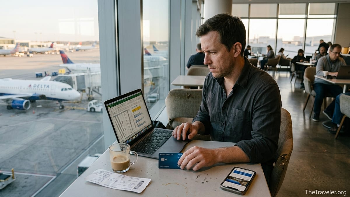 Business traveler in an airport lounge reviewing credit card rewards on a laptop.