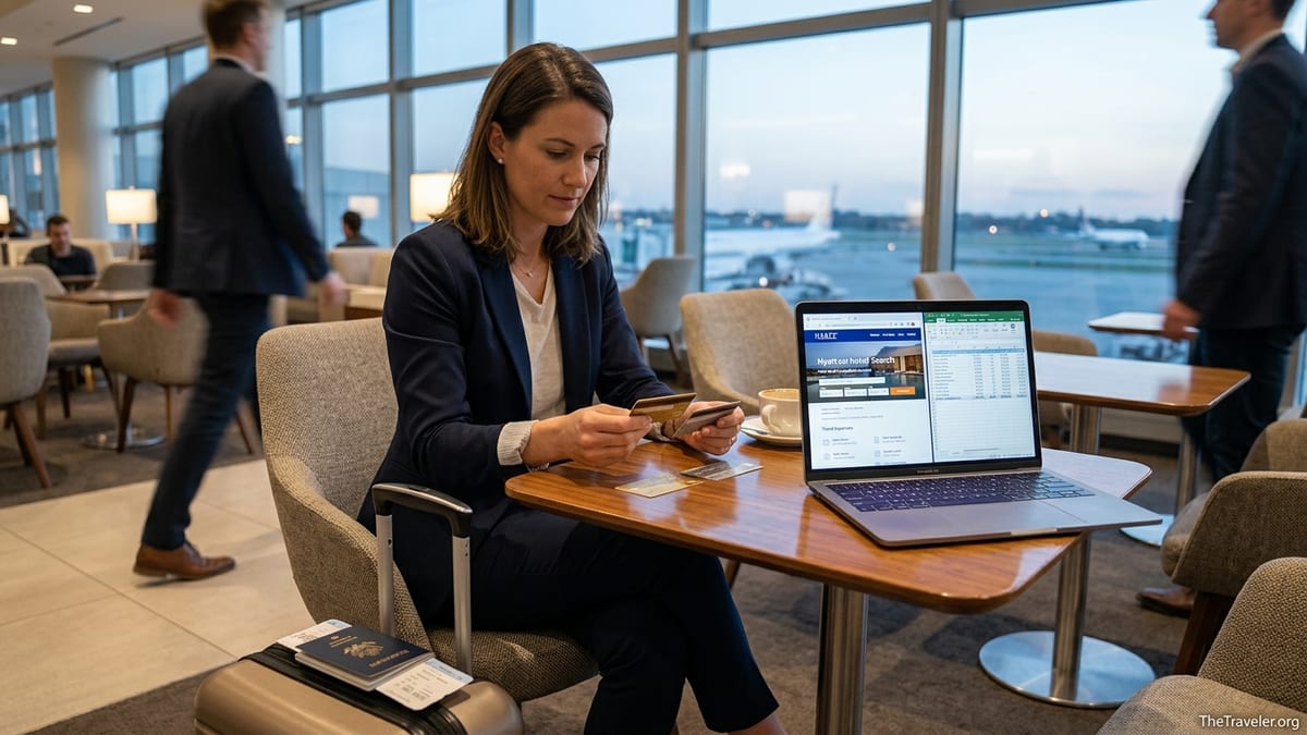Business traveler in an airport lounge comparing credit cards next to a laptop.