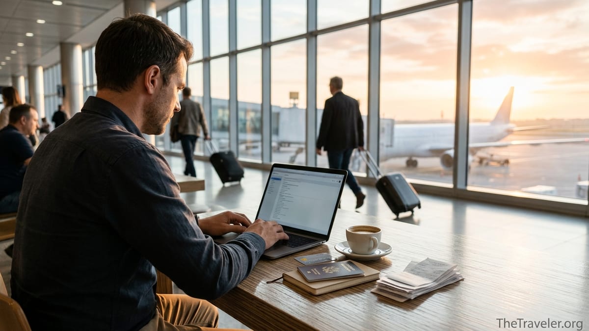 Business traveler in an airport lounge reviewing a credit card and laptop at sunrise.