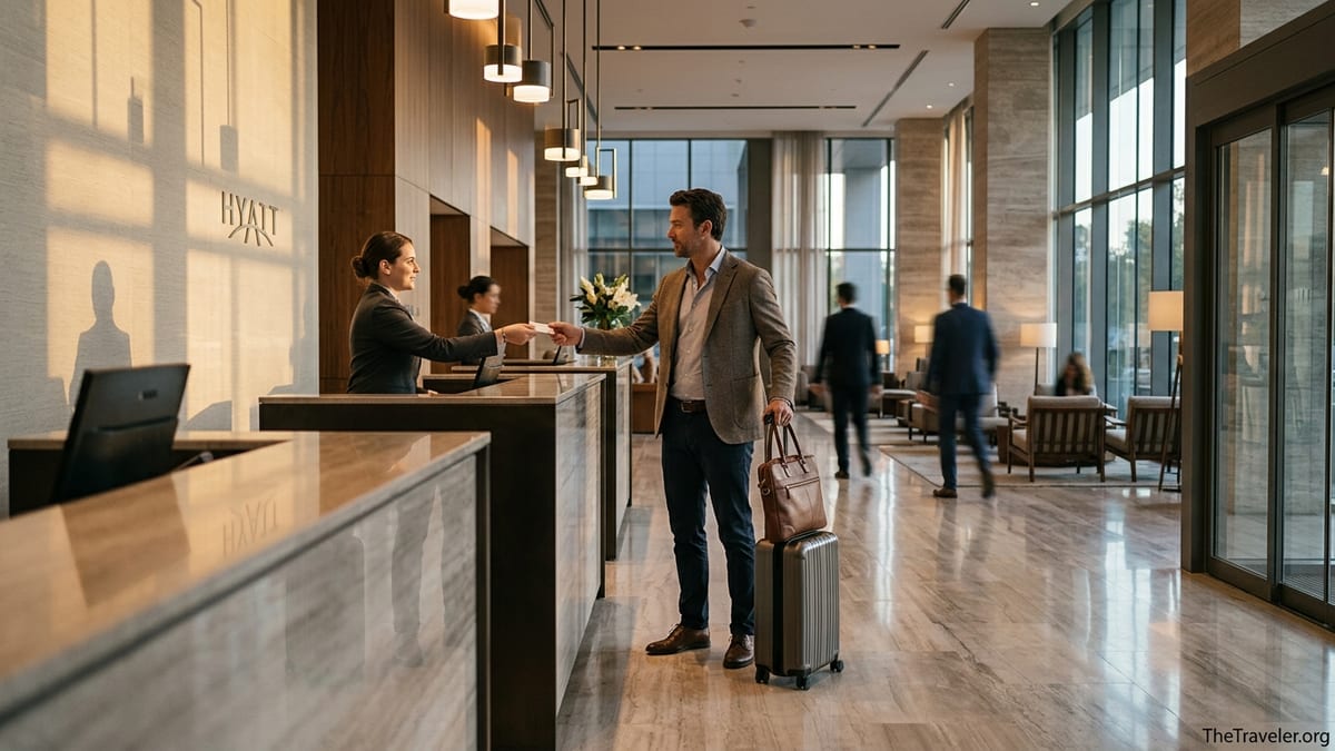 Business traveler using a laptop in a Hyatt hotel lobby with a credit card on the table.