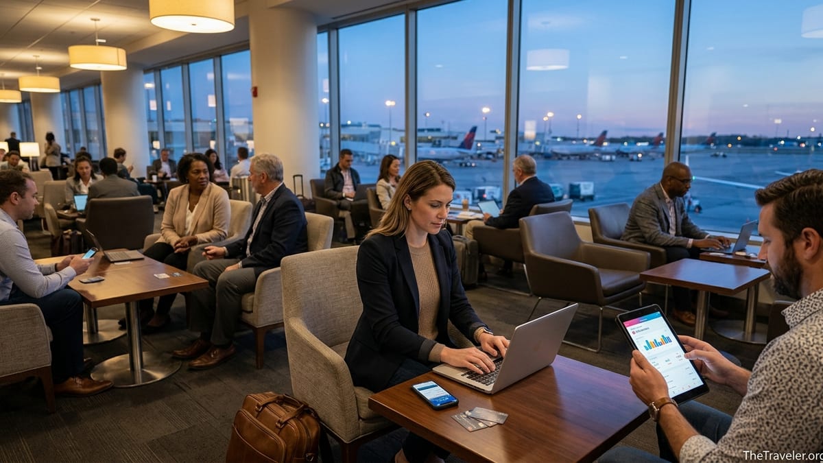 Business travelers in an airport lounge reviewing travel rewards cards and points.