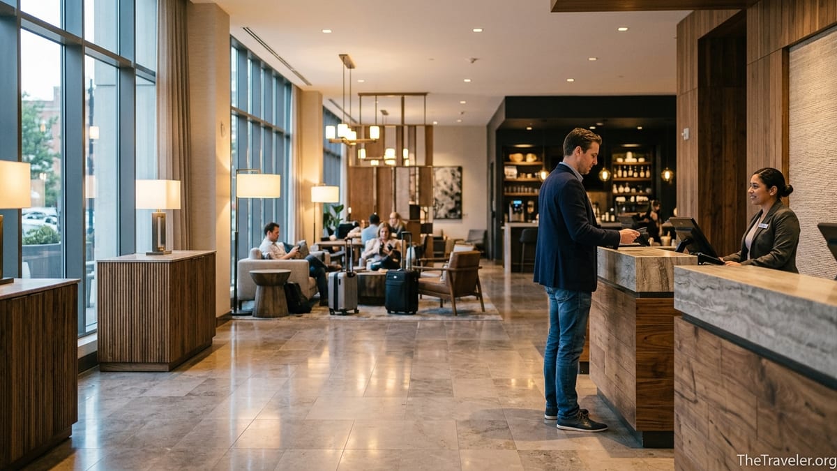 Traveler checking in at a modern Hyatt hotel lobby while paying with a credit card.