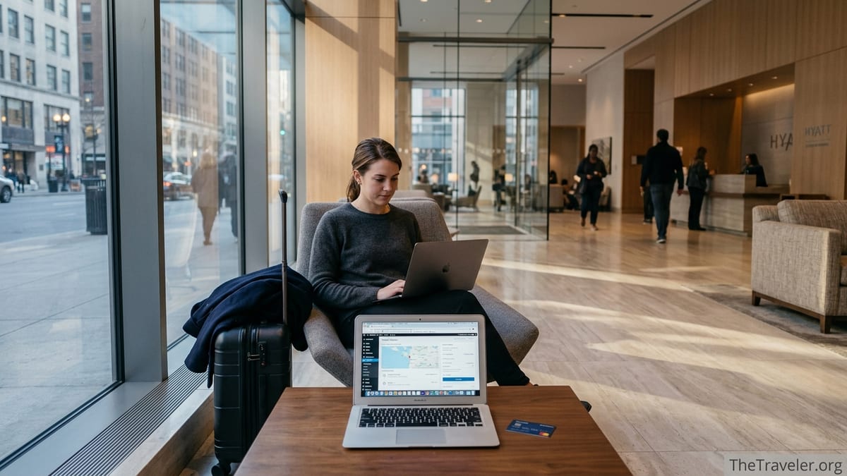 Traveler comparing trip plans with a credit card in a modern Hyatt hotel lobby