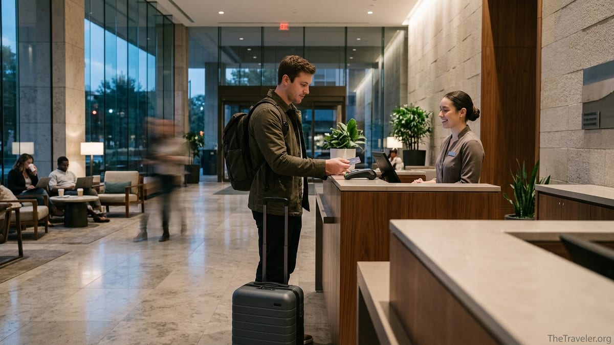 Traveler tapping a credit card at a Hyatt hotel front desk in a modern lobby.