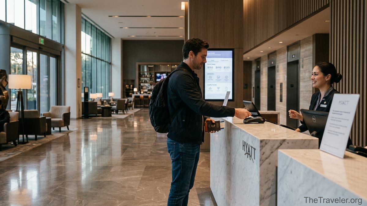 Traveler paying with a credit card at a modern Hyatt hotel front desk.
