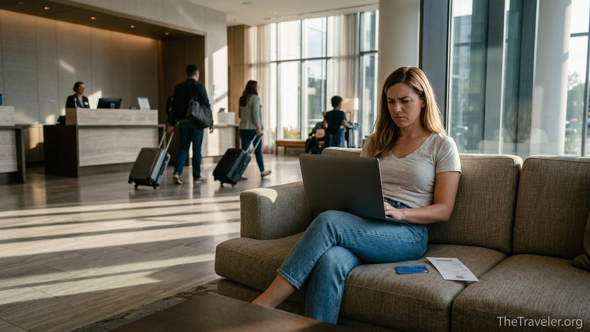 Traveler reviewing a hotel bill and credit card in a bright Hyatt style lobby
