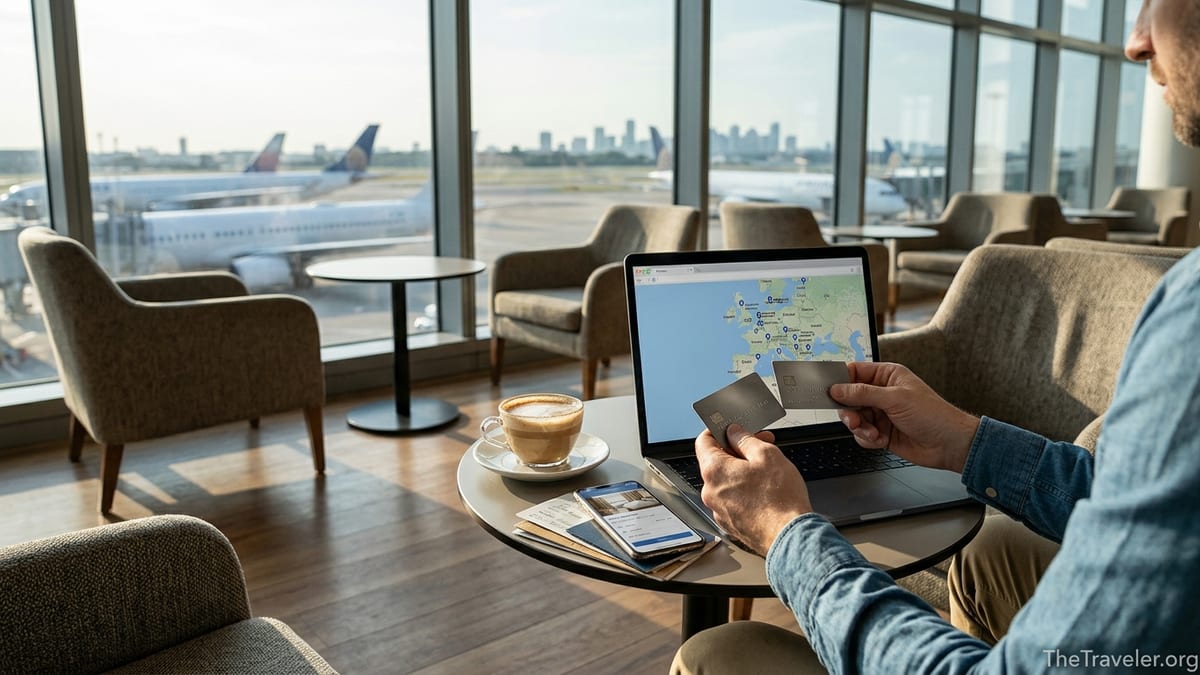 Traveler comparing two hotel credit cards at an airport lounge table