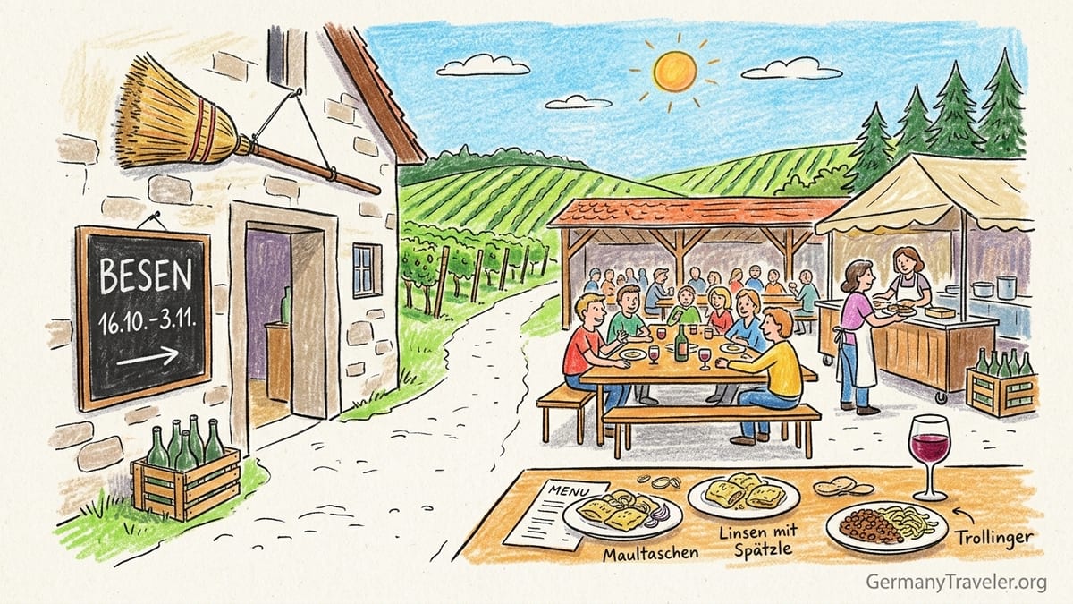 Evening scene at a busy Besen wine tavern courtyard in Württemberg with shared tables, wine and Swabian dishes.