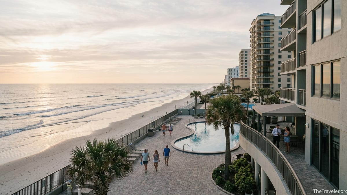 Wyndham oceanfront resort in Daytona Beach with pool, palms, and guests at sunset