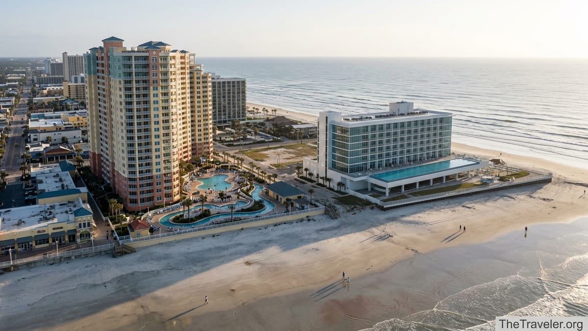 Aerial sunrise view of Daytona Beach showing condo towers and a modern oceanfront hotel.
