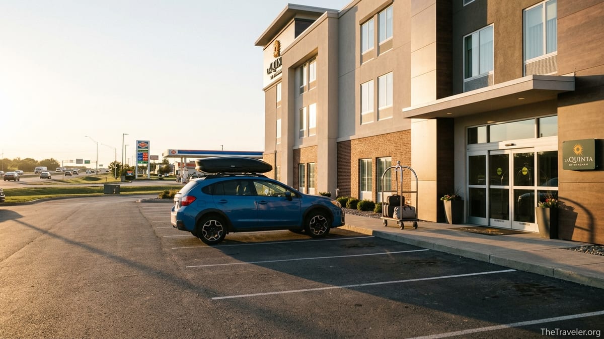 SUV parked outside a budget Wyndham roadside hotel at sunset on a U.S. highway.