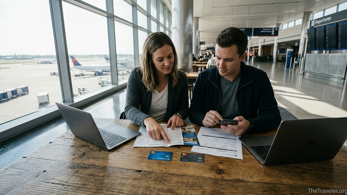 Two travelers in an airport lounge comparing Wyndham and IHG hotel credit cards at a table.