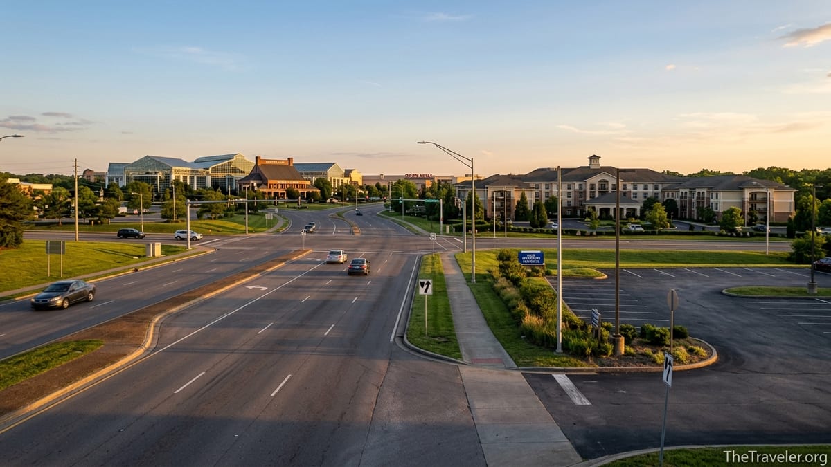 View from Club Wyndham Nashville area toward the distant Opryland complex along busy roads at golden hour.