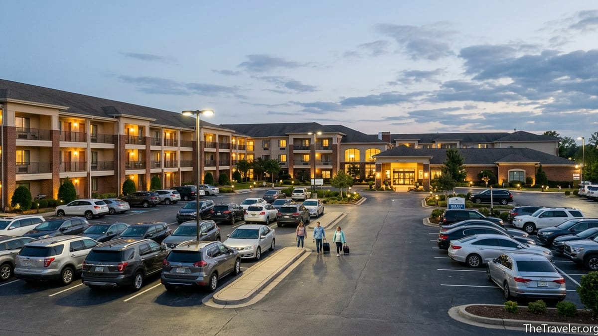 Evening view of Wyndham Vacation Resorts Nashville with free self parking lot and guests walking toward the lobby.