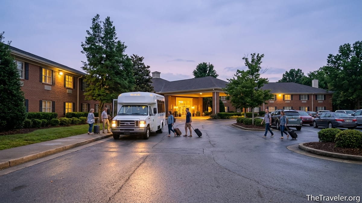 Evening view of Wyndham Nashville with guests boarding a shuttle and cars parked nearby.
