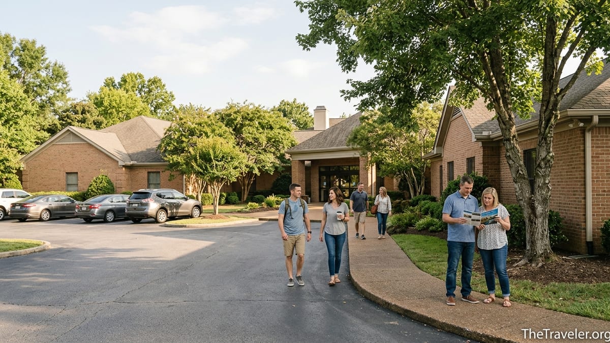 Travelers walking toward the entrance of Wyndham Vacation Resorts Nashville in afternoon light.