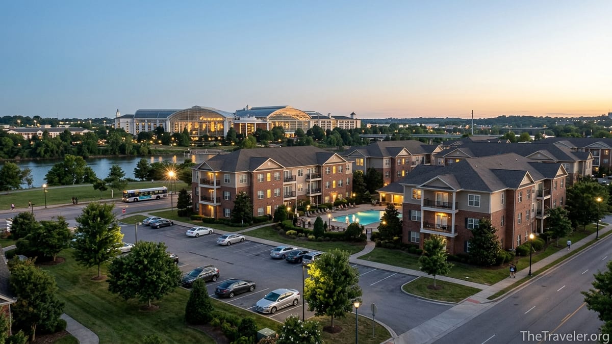 Condo-style Wyndham Nashville in foreground with Gaylord Opryland’s glass atriums glowing in the distance at dusk.
