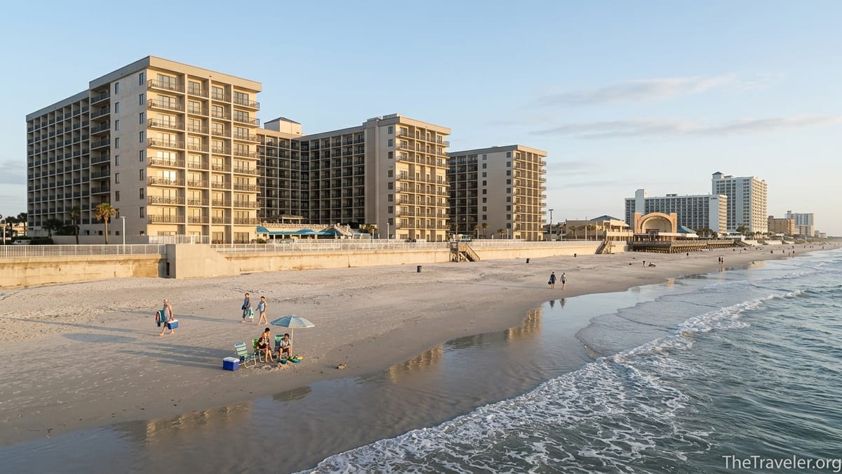 Oceanfront view of Club Wyndham Ocean Walk in Daytona Beach rising directly above the sandy beach and Atlantic surf.