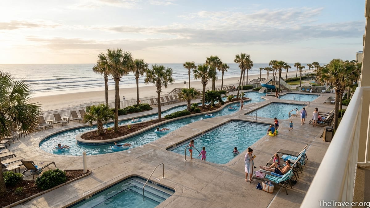 Oceanfront pools and lazy river at Wyndham Ocean Walk in Daytona Beach at sunrise with families swimming.
