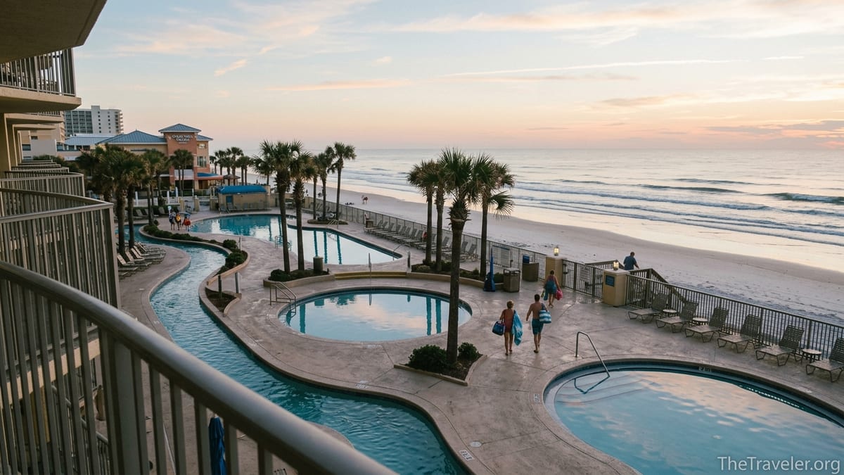 Balcony view over Wyndham Ocean Walk pools and Daytona Beach at sunrise.