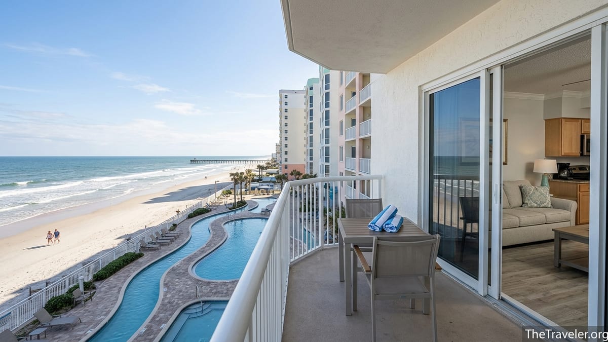 Balcony of a condo-style suite at Club Wyndham Ocean Walk overlooking pools, beach, and Atlantic Ocean in Daytona Beach.