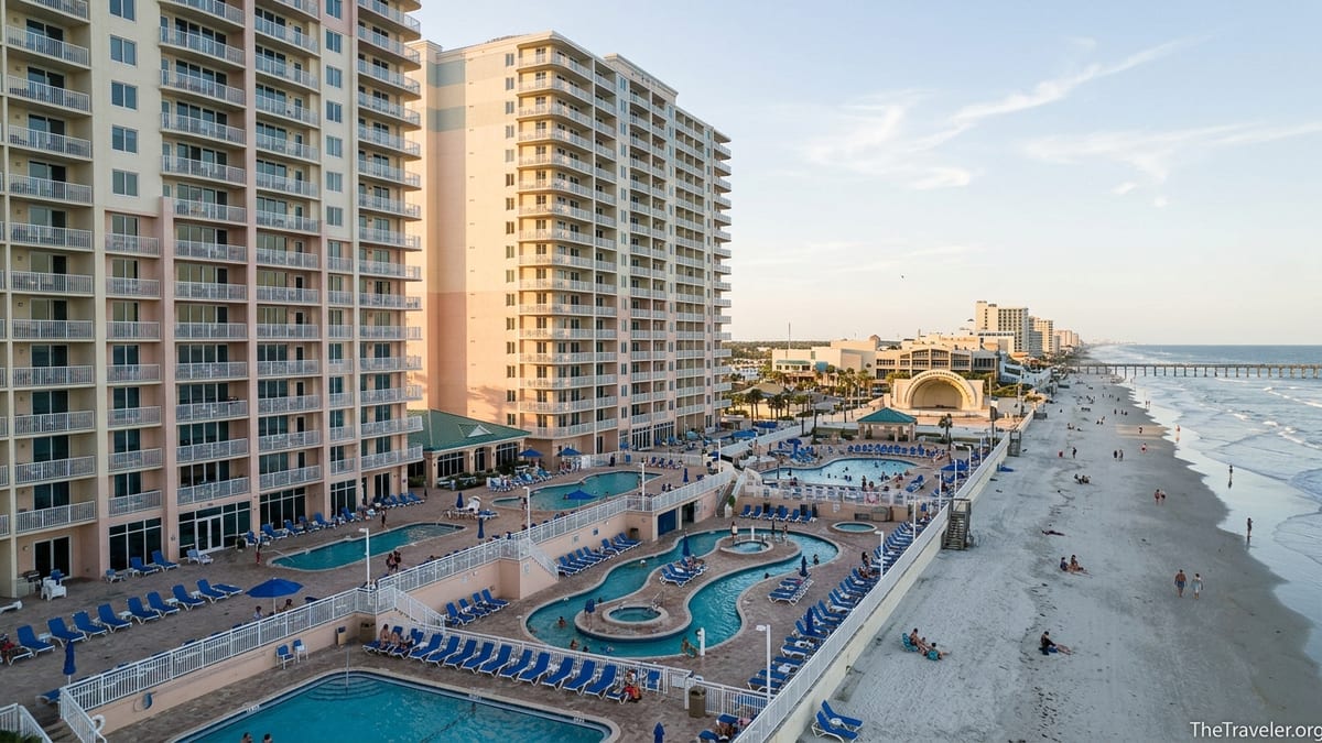 Oceanfront view of Wyndham Ocean Walk towers and pool deck overlooking Daytona Beach shoreline.