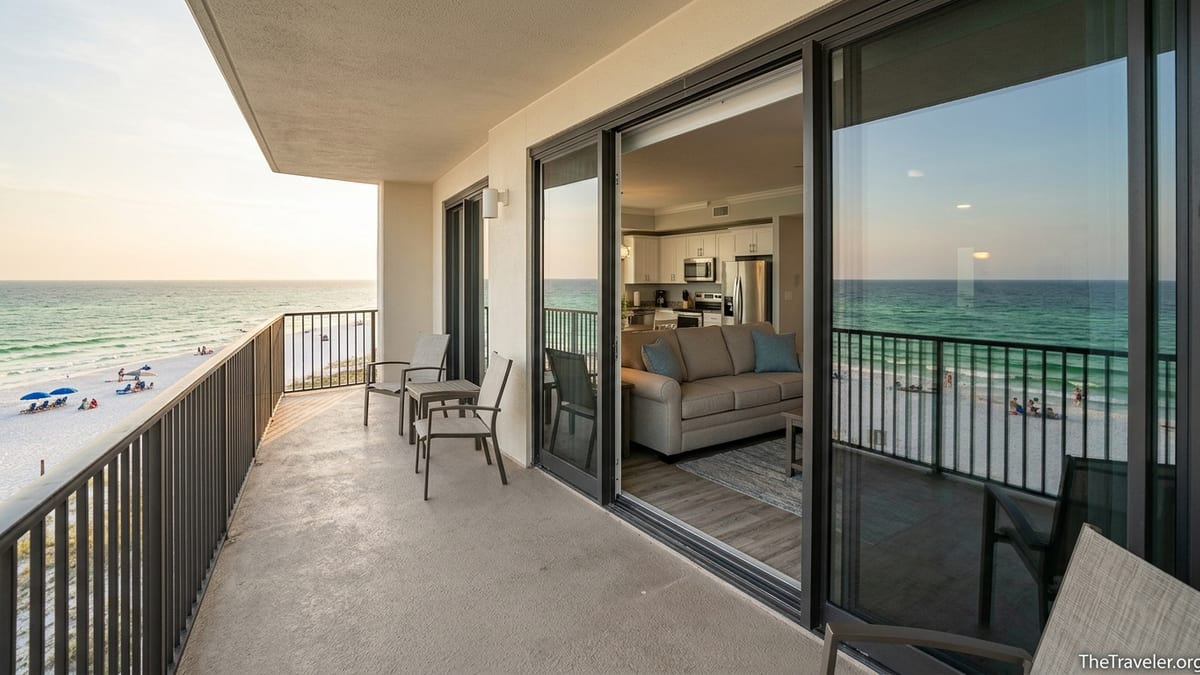 Balcony at Wyndham Panama City Beach overlooking white sand and emerald Gulf waters.