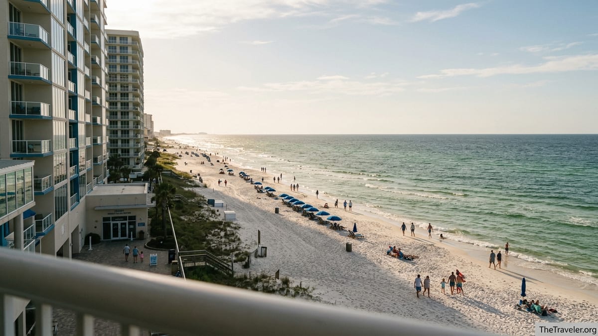 Beachfront view of Club Wyndham Panama City Beach resort with guests walking along the shoreline.