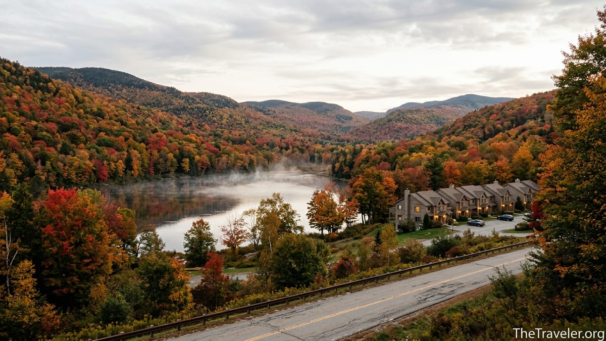 Northeastern mountain valley with lakeside resort townhouses surrounded by autumn foliage.