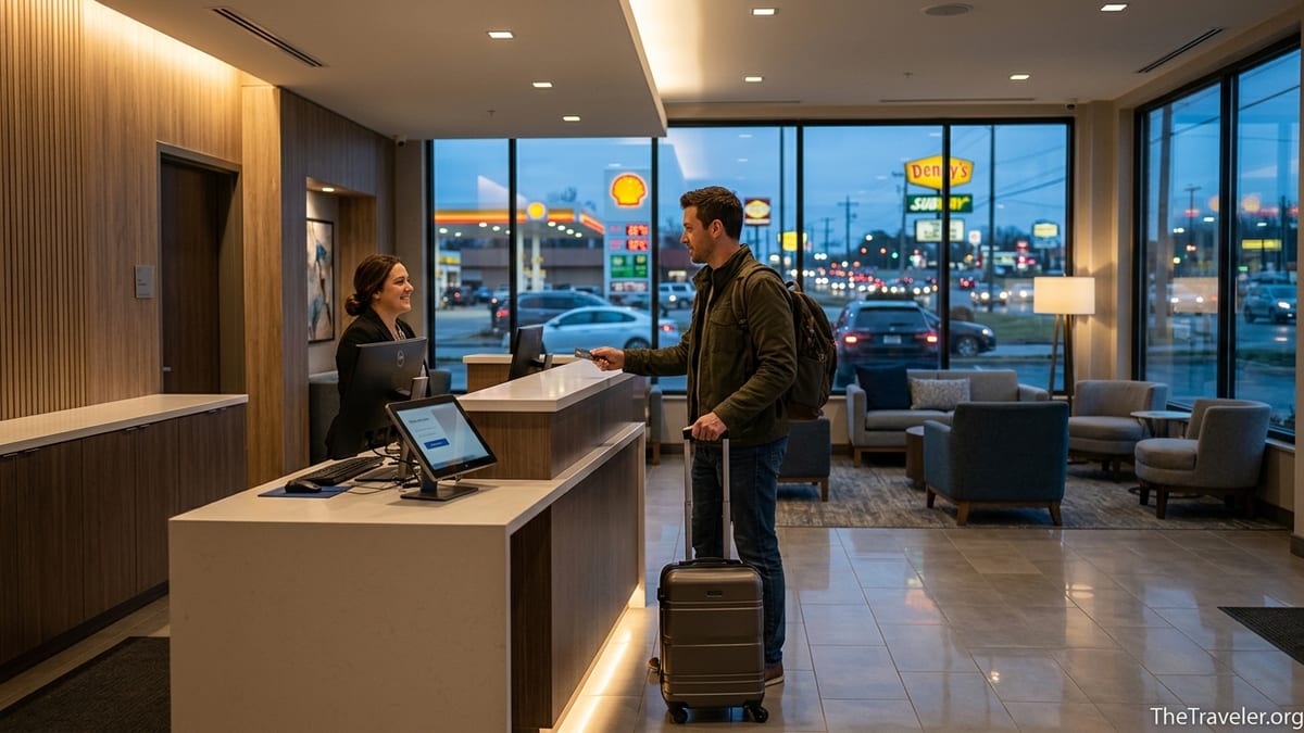 Traveler holding a credit card while checking into a modern Wyndham-style hotel lobby at dusk.
