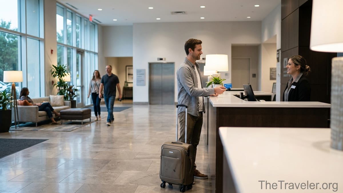 Traveler checking into a modern Wyndham hotel lobby and paying with a rewards credit card.