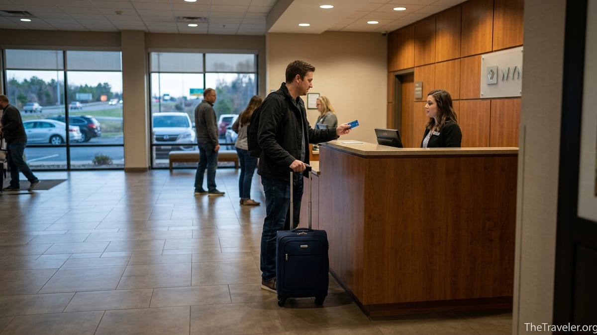 Traveler using a credit card to check into a Wyndham hotel lobby on a road trip.