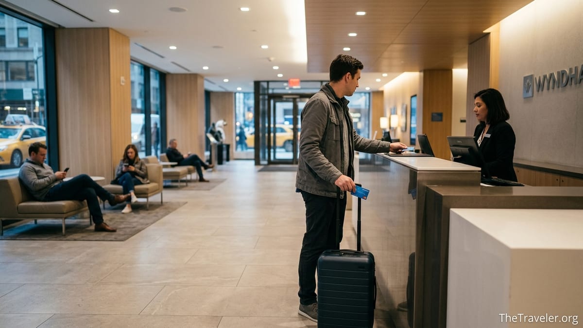 Traveler checking into a Wyndham hotel lobby while holding a Wyndham Rewards Earner+ credit card.