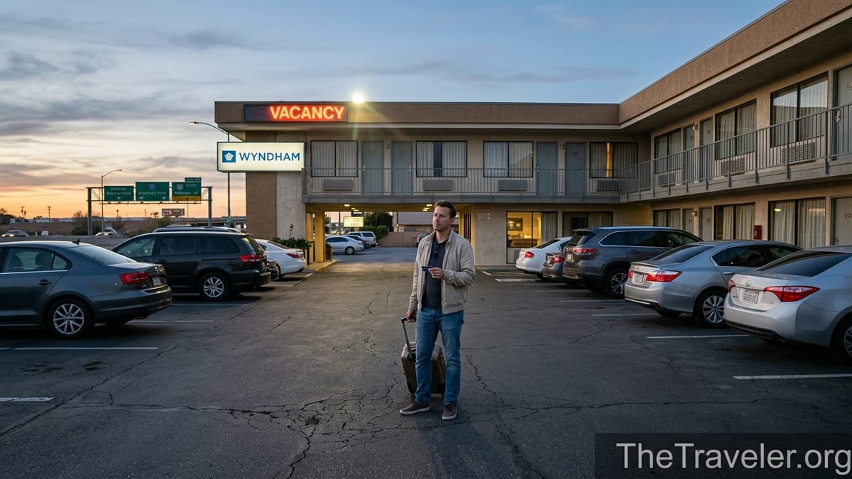 Traveler in parking lot weighing value of staying at a Wyndham budget hotel at dusk.