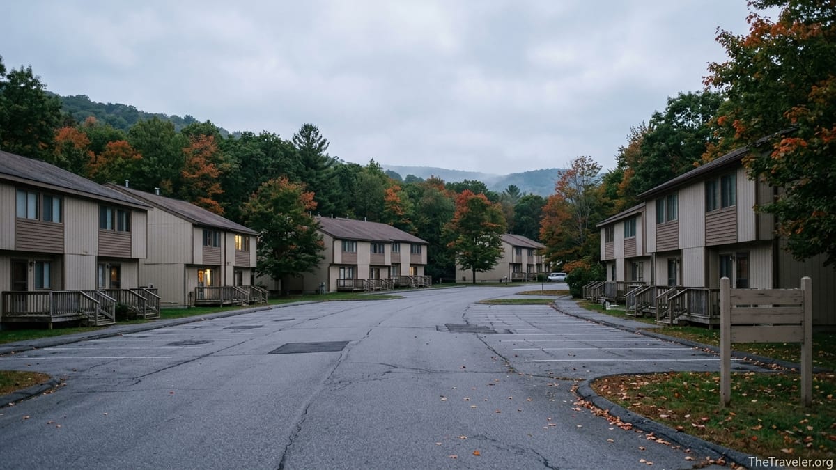 Quiet autumn evening at aging townhouse-style resort in the Pocono Mountains, hinting at closure.