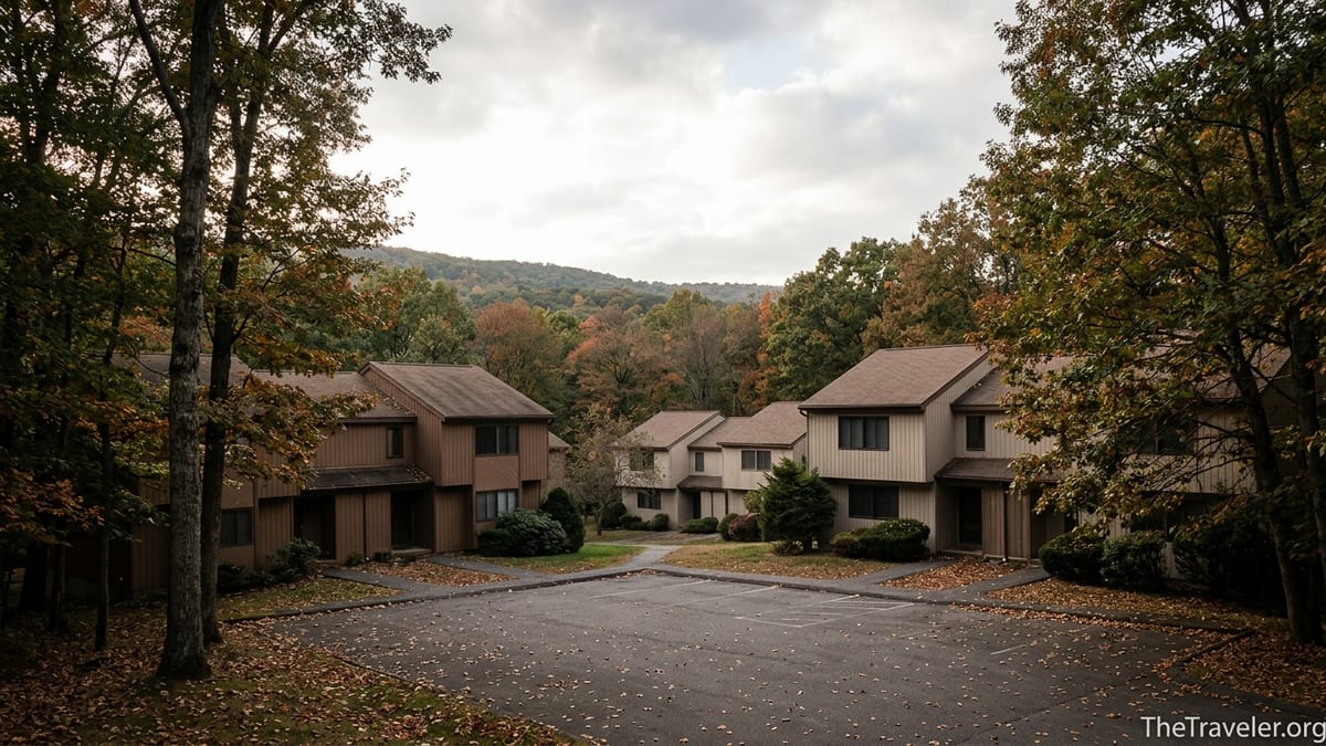 Quiet former timeshare townhomes in Shawnee on Delaware surrounded by autumn trees.