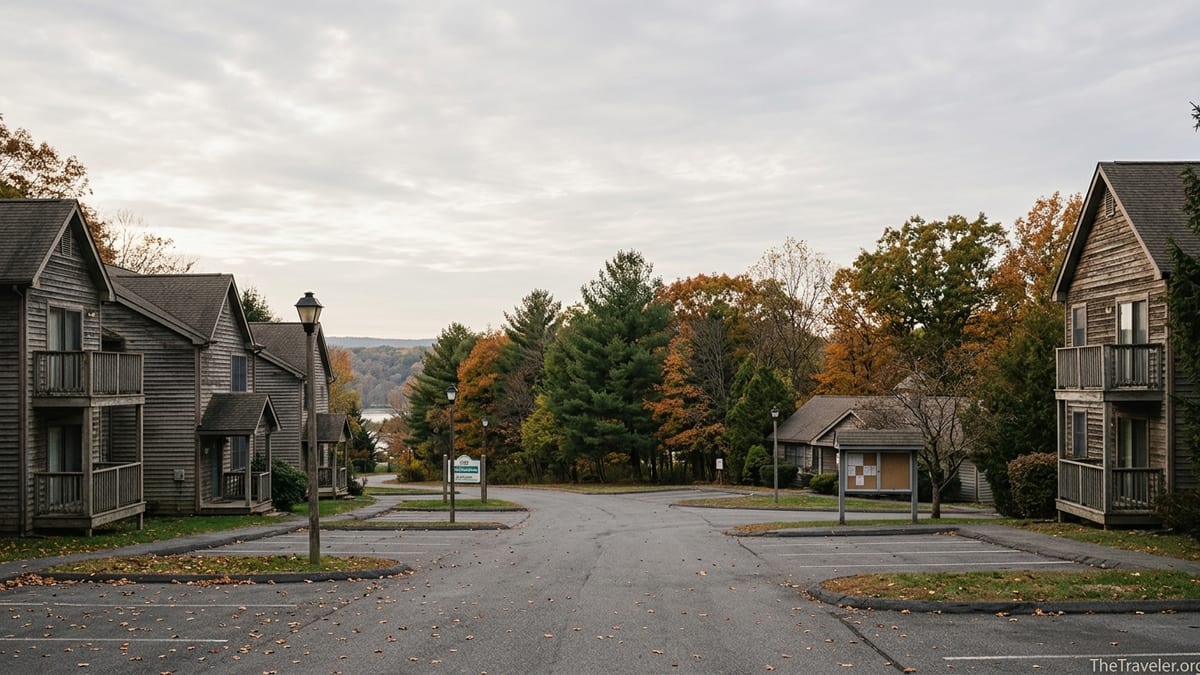 Quiet townhouse-style villas at the former Wyndham Shawnee Village in the Pocono Mountains on an overcast autumn afternoon.