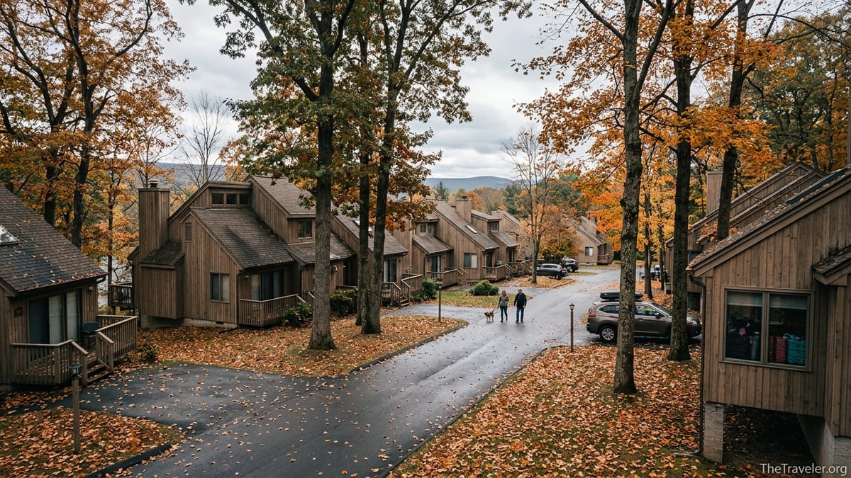 Townhome-style timeshare units at Shawnee Village in the Pocono Mountains on an overcast autumn day.