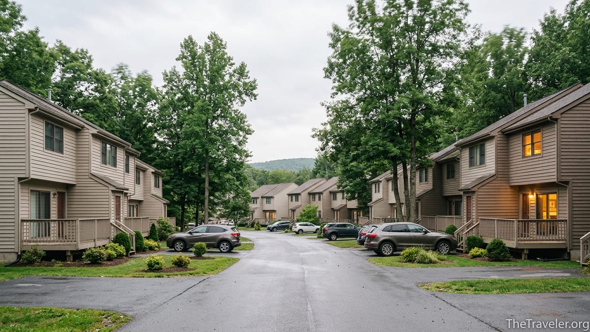 Townhome-style villas at a wooded mountain timeshare resort in the Poconos.