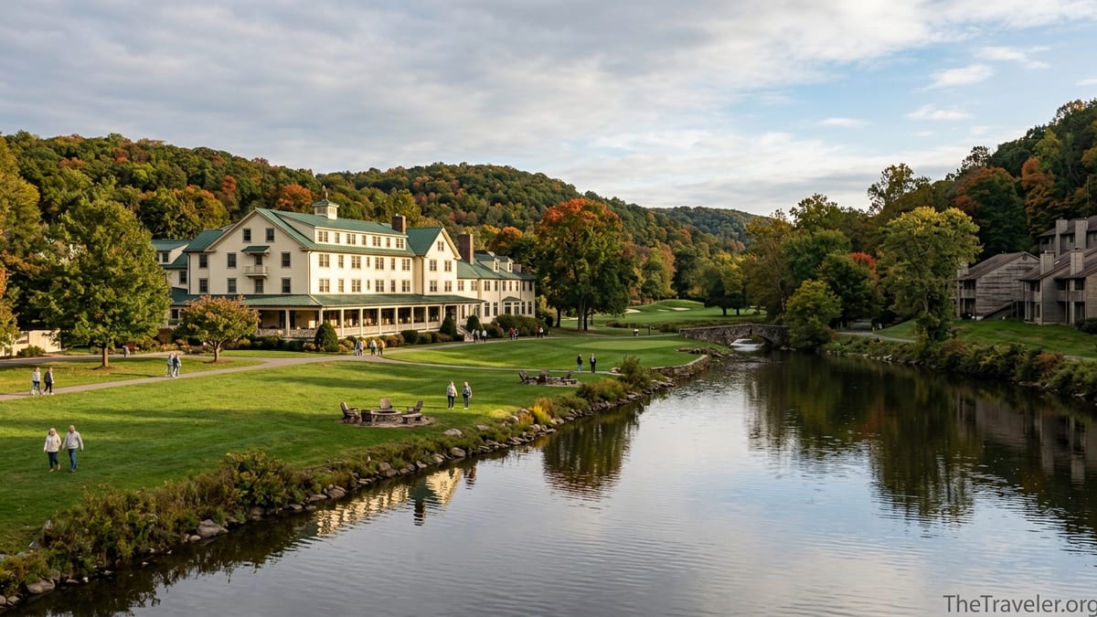 Historic Shawnee Inn by the Delaware River with nearby villas in the Pocono Mountains.