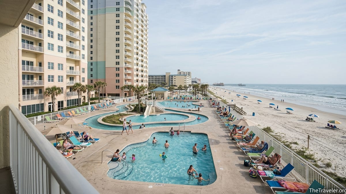 Oceanfront pools and towers of Club Wyndham Ocean Walk overlooking the beach in Daytona Beach, Florida.