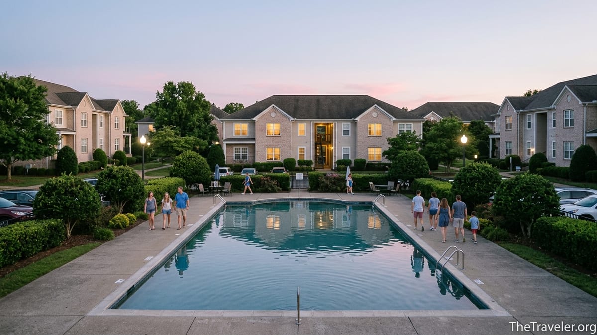 Evening view of Club Wyndham Nashville’s pool and condo-style buildings near Opryland.