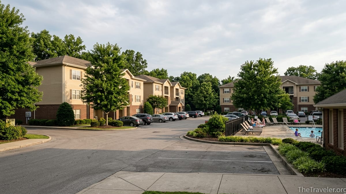 Exterior of Wyndham Vacation Resorts Nashville with pool, parking, and low-rise condo buildings on a summer afternoon.