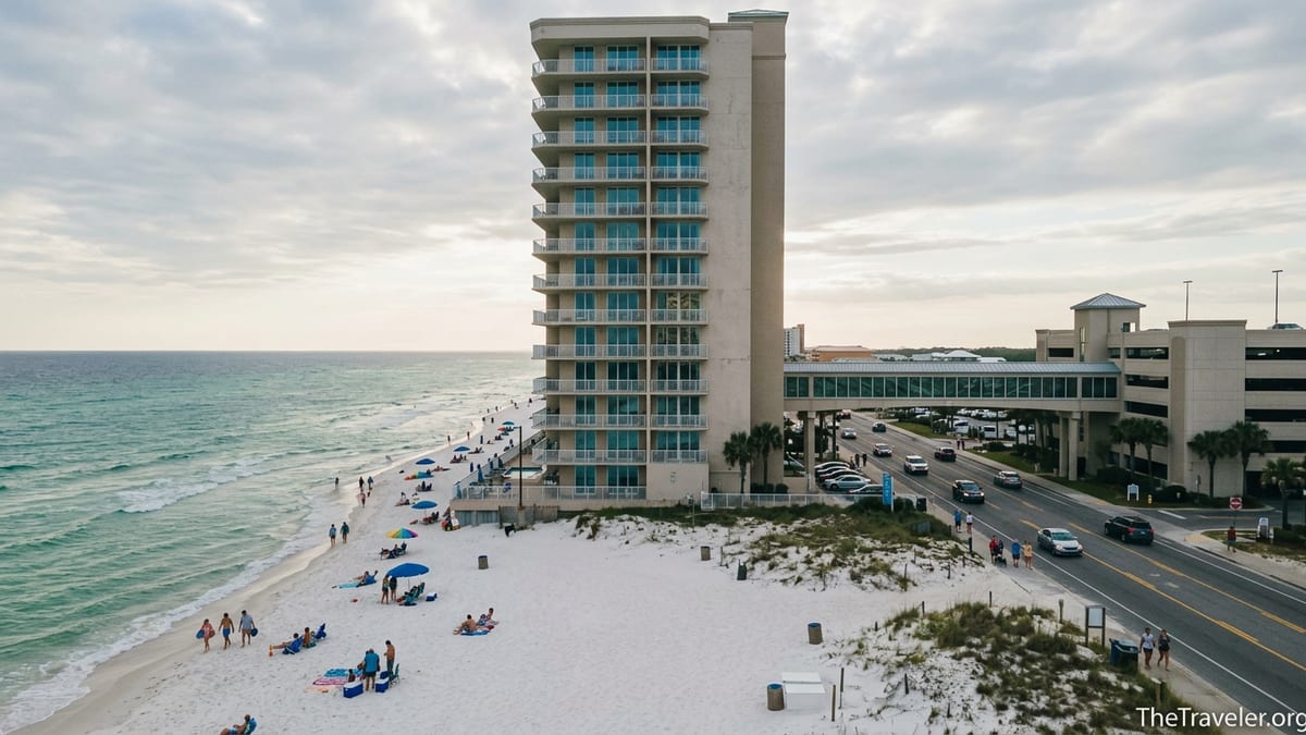Beachfront Wyndham Vacation Resorts Panama City Beach tower facing white sand and emerald Gulf waters with skywalk over the道路